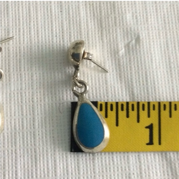 Tear Drop Turquoise Stone Sliver marked 925 Pierced Earrings  #5 - Picture 4 of 5